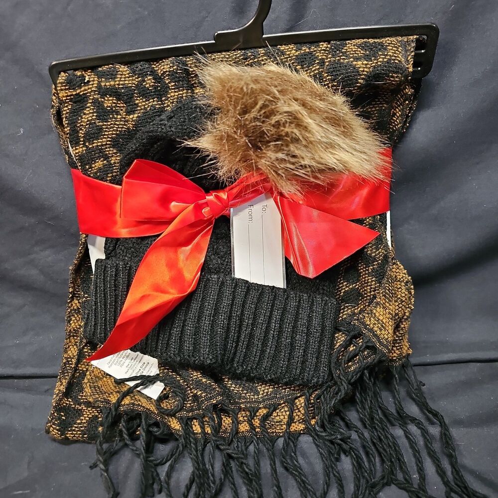 Time & Tru Leopard Scarf & Black Hat Set ~ with Faux Fur Pom Pom ~